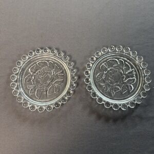 Set Of 2 Vtg German Candlewick Edge Clear Glass Coasters Rose Flower Embossed